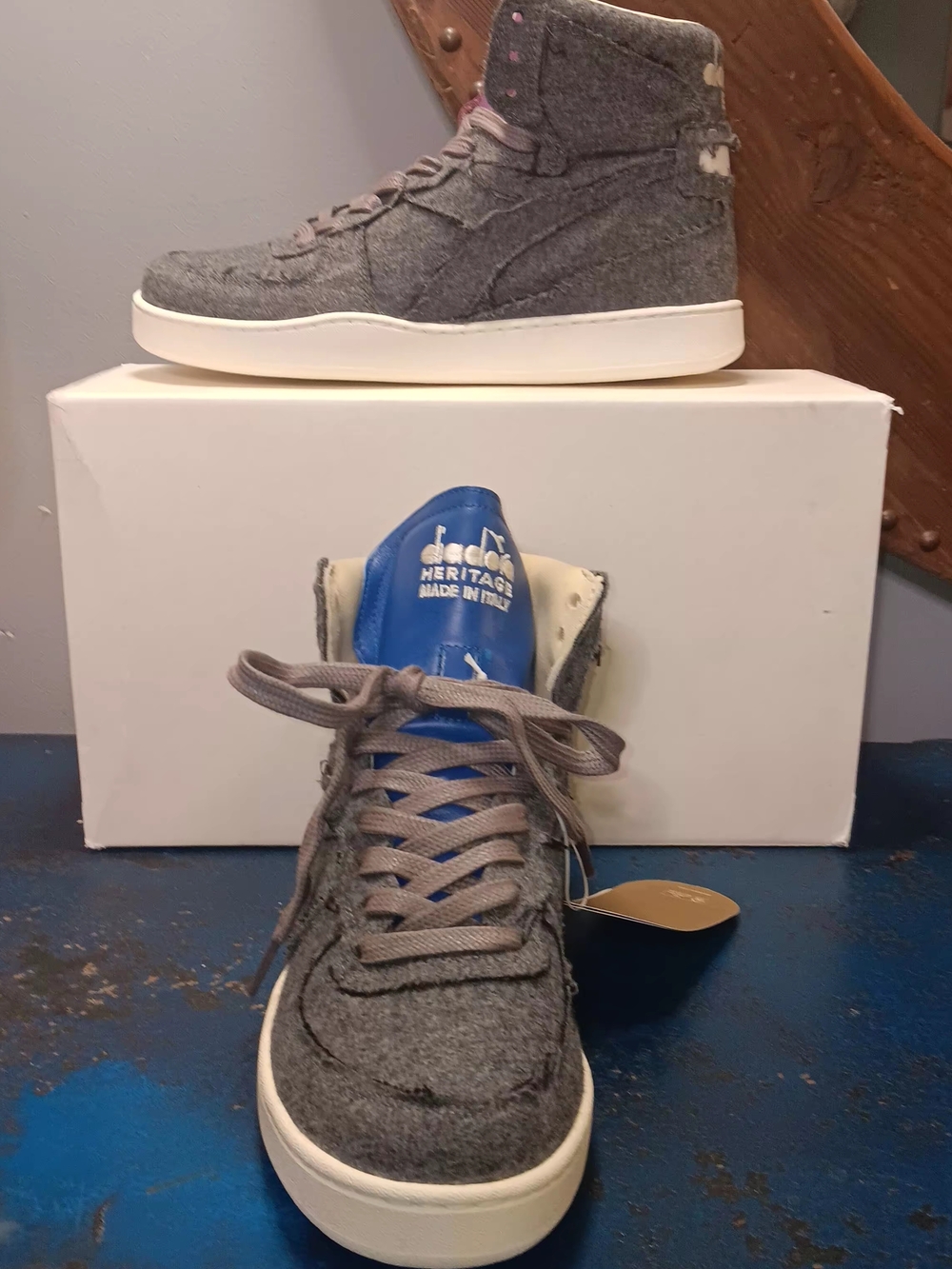 Diadora High-Top Wool Sneakers in Heather Gray with Blue Tongue - Picture 3 of 7
